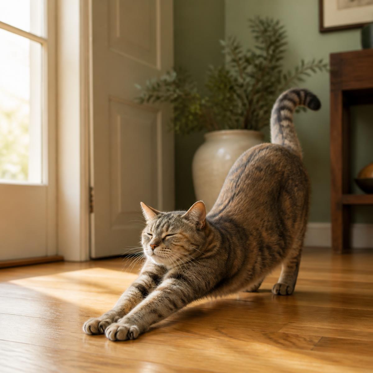A mature cat stretching on a wooden floor near a sunlit doorway