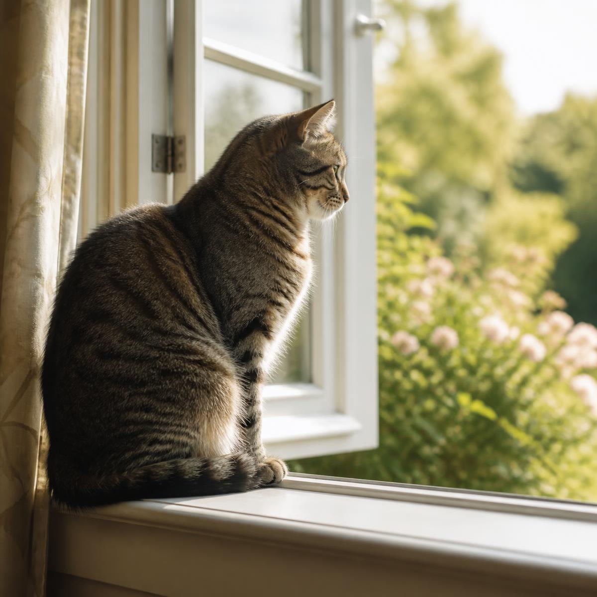 A mature tabby cat sitting in an open window, watching the garden
