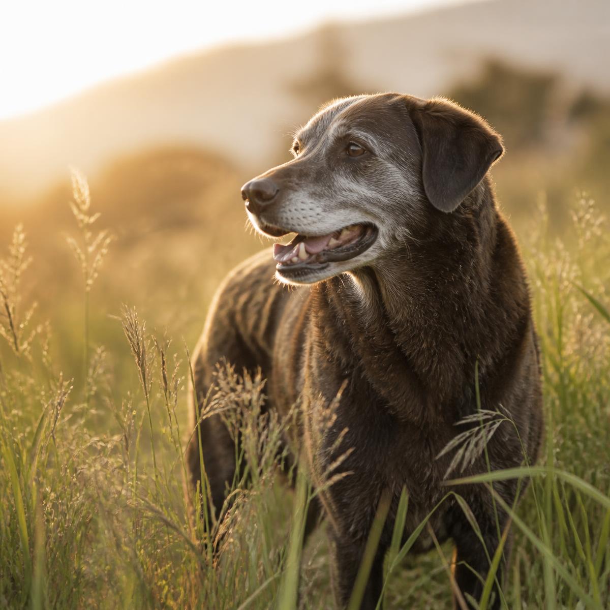 An older grey-muzzled dog standing in tall grass in late-afternoon light