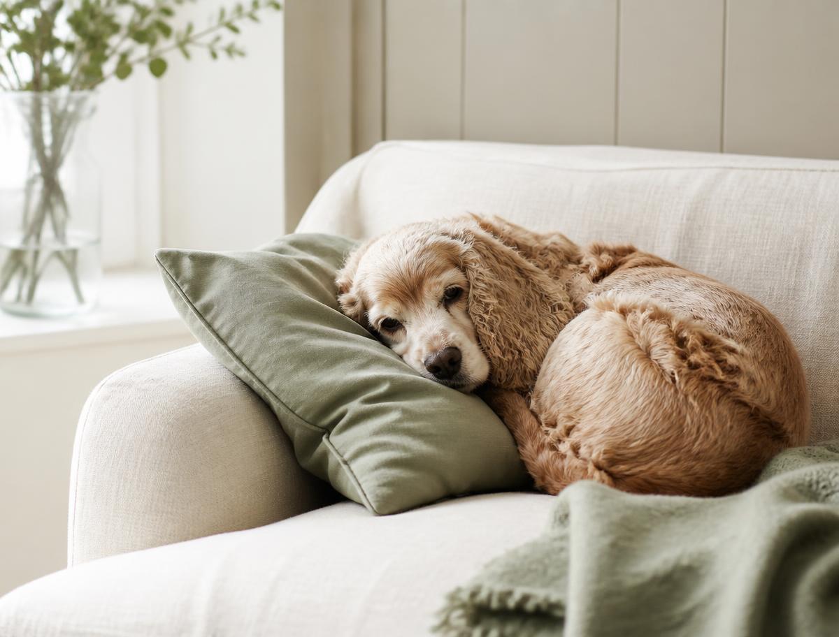 A senior spaniel curled on a linen sofa in soft daylight