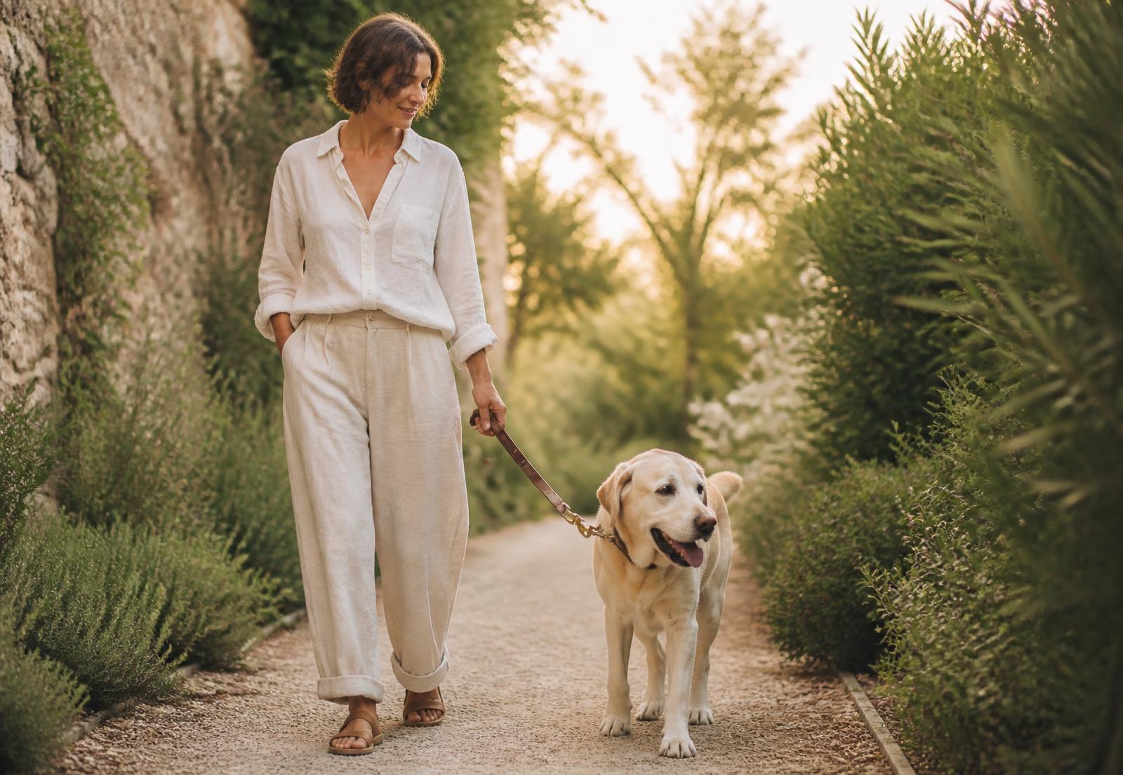 A person walking an older labrador along a sunlit garden path