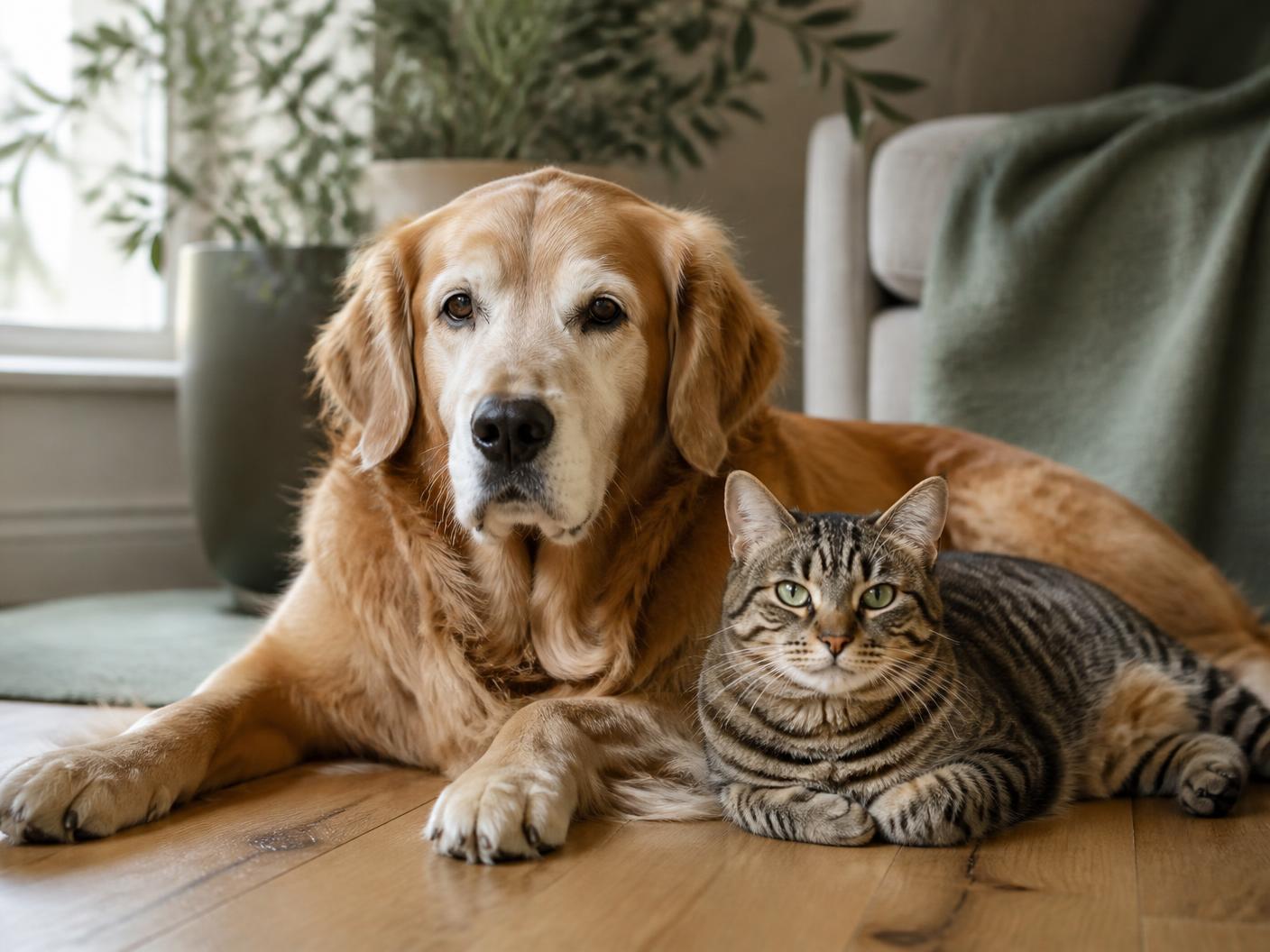 A grey-muzzled senior golden retriever resting on a wooden floor beside a mature tabby cat in soft daylight