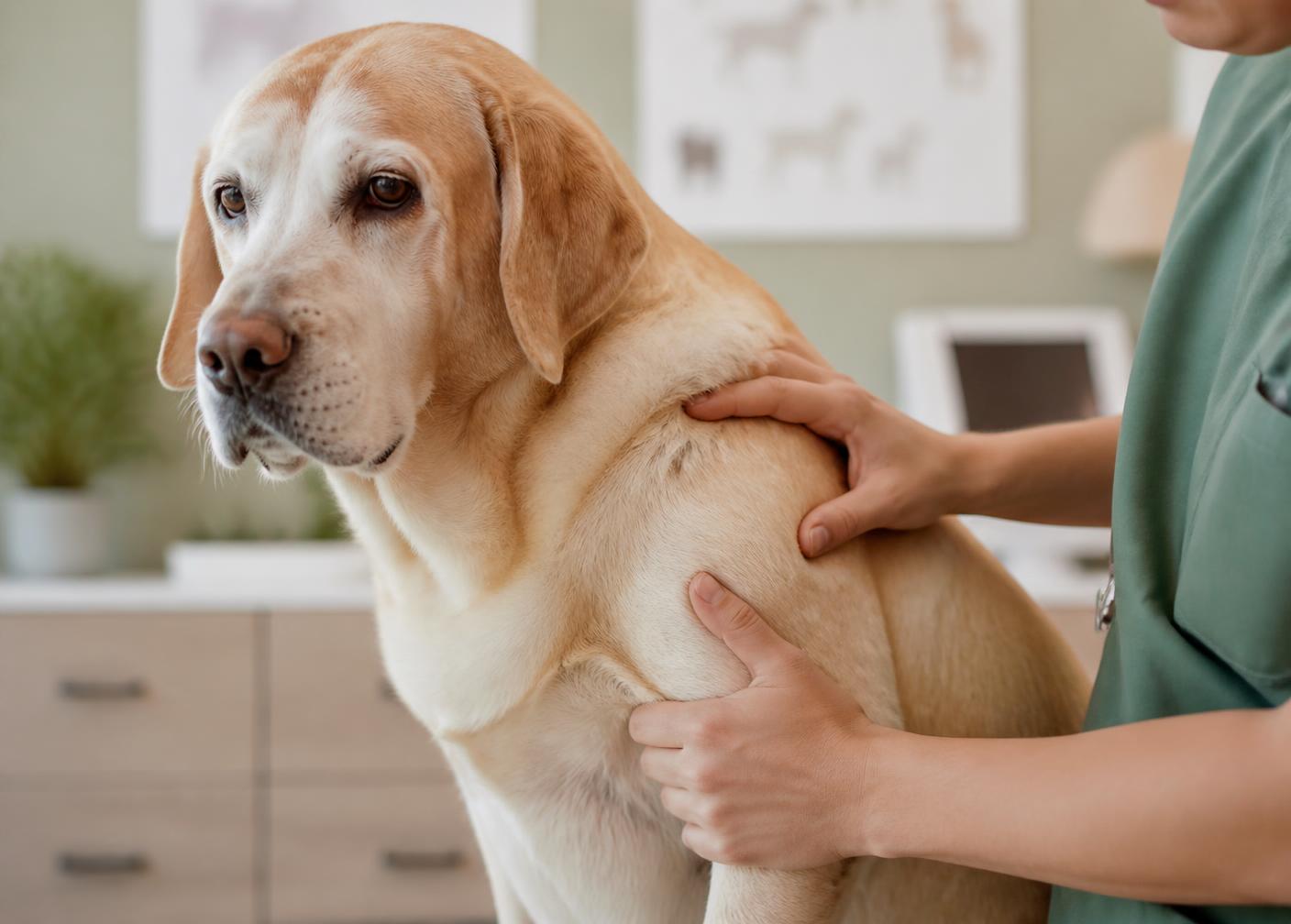 A veterinarian gently examining an older dog's shoulder in a bright clinic